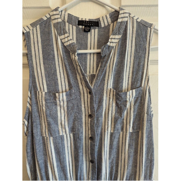 Kelly Renee Romper Women Lrg Gray Wht Striped Button Up Sleeveless Shorts Linen - Picture 6 of 9